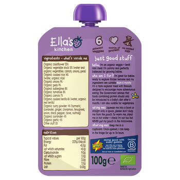 Ellas kitchen veggie dahl baby food pouch back of pack