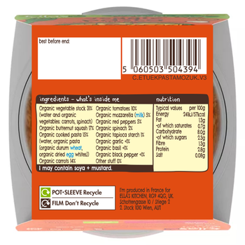 Ellas kitchen veggie pasta toddler meal back of pack